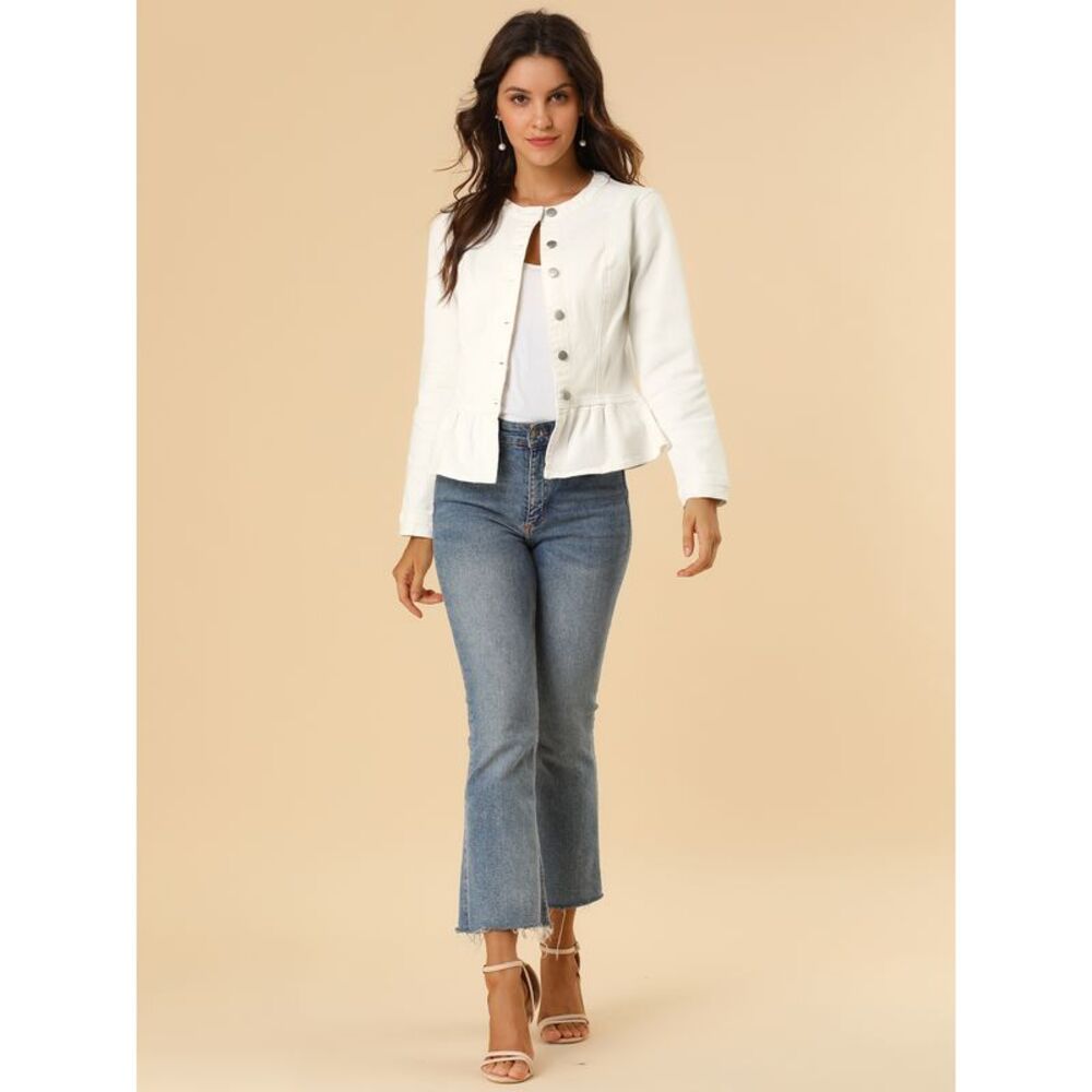 Women's Peplum Denim Jackets Collarless Round Neck White - Picture 3 of 6